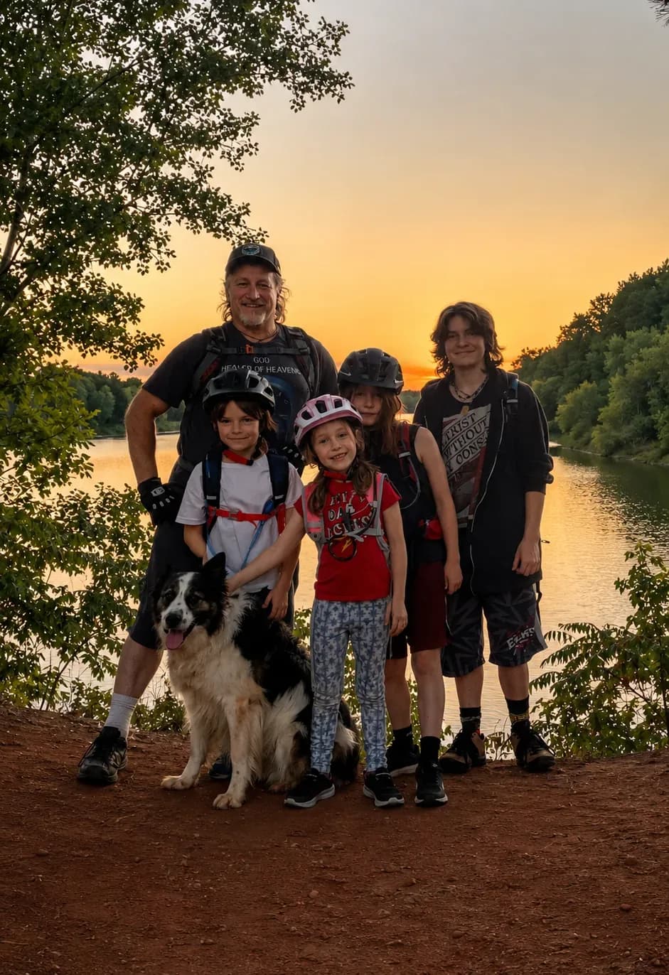 Jimmy Davidson with his four kids and their dog on a lakeside trail at sunset