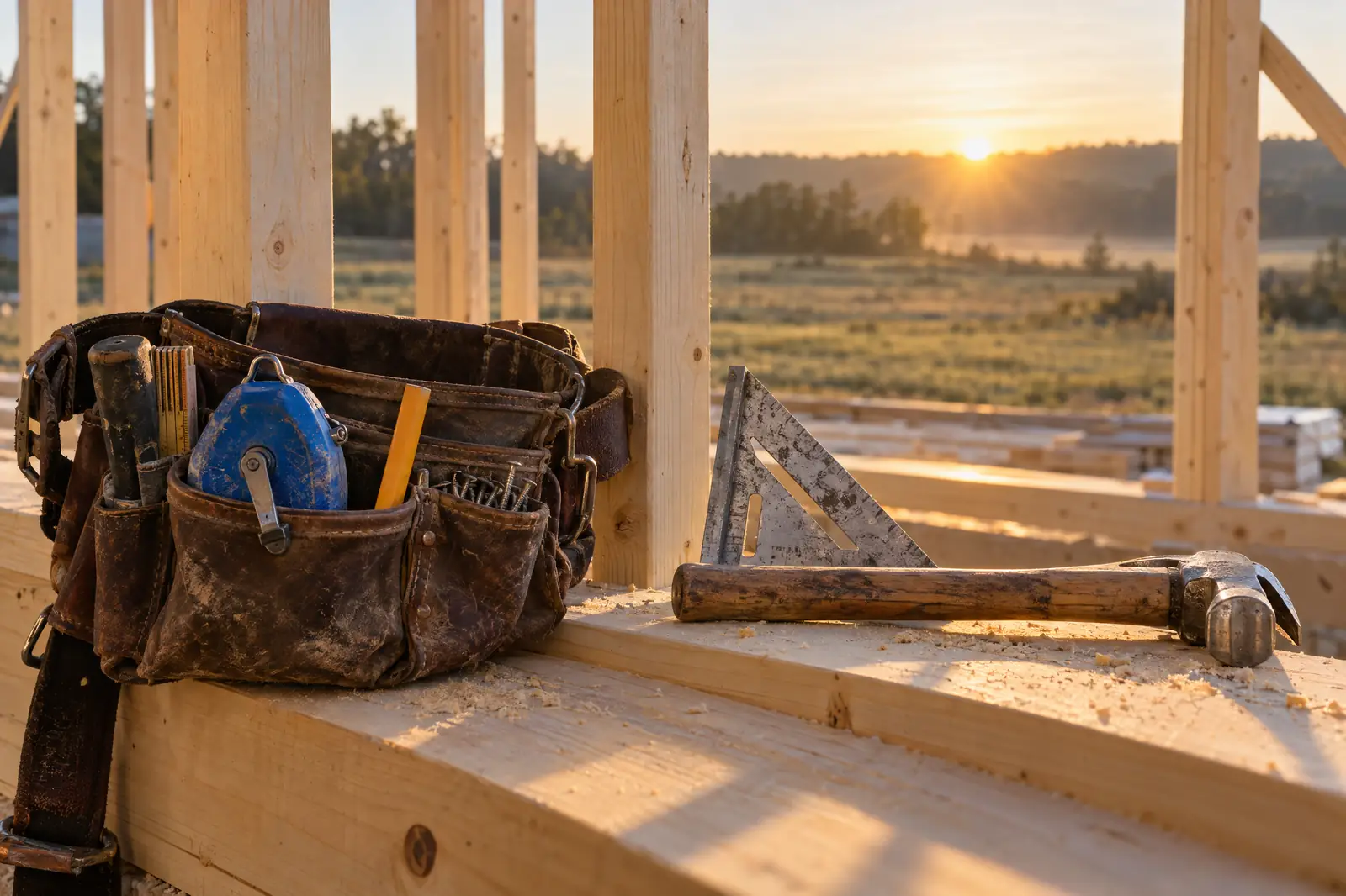 A worn leather tool belt, framing square and hammer on fresh framing at sunrise