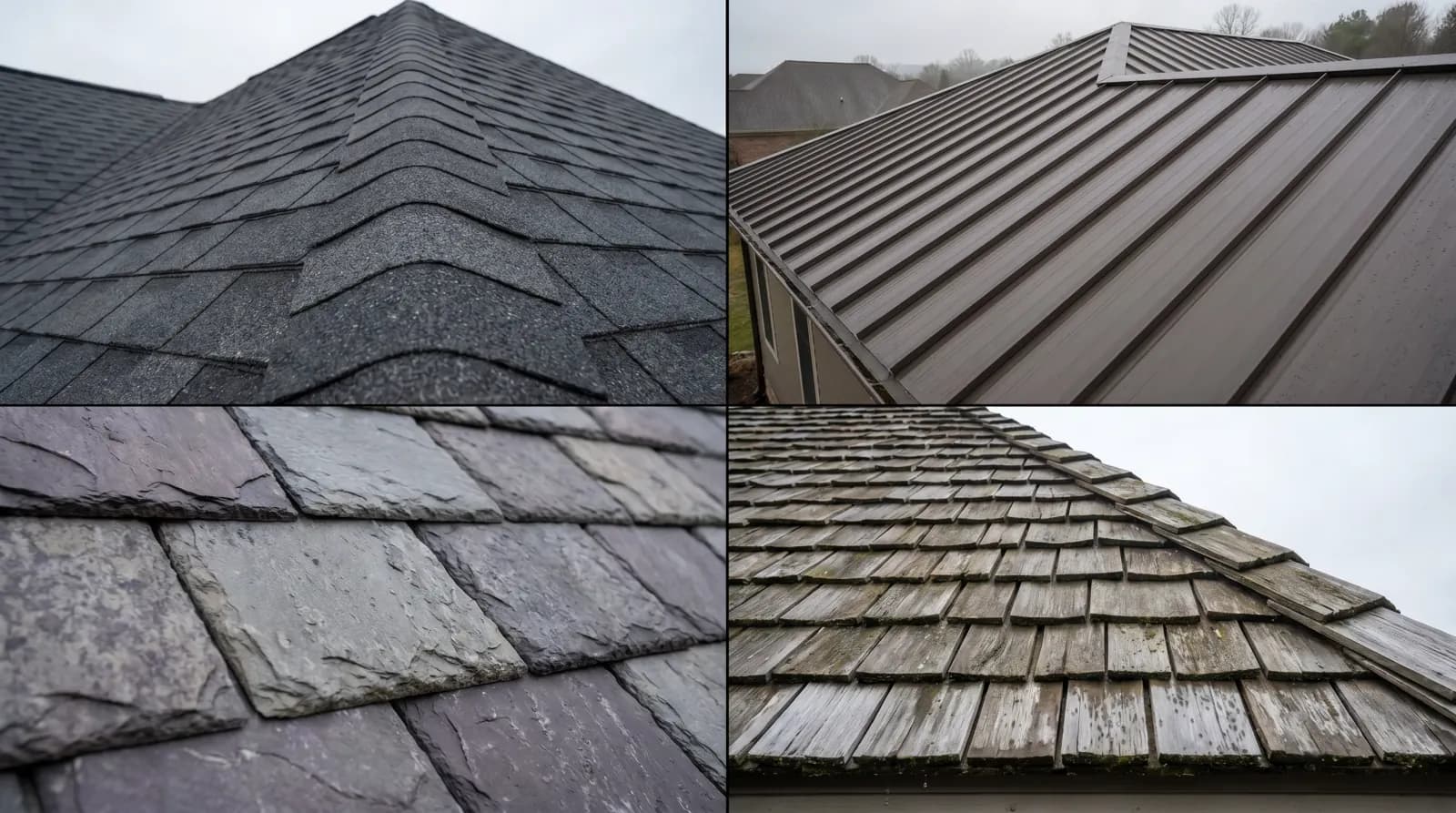 Four-panel close-up of GAF Timberline HDZ charcoal shingles, matte dark-bronze standing seam metal, mottled grey-purple natural slate, and hand-split cedar shake on residential roofs