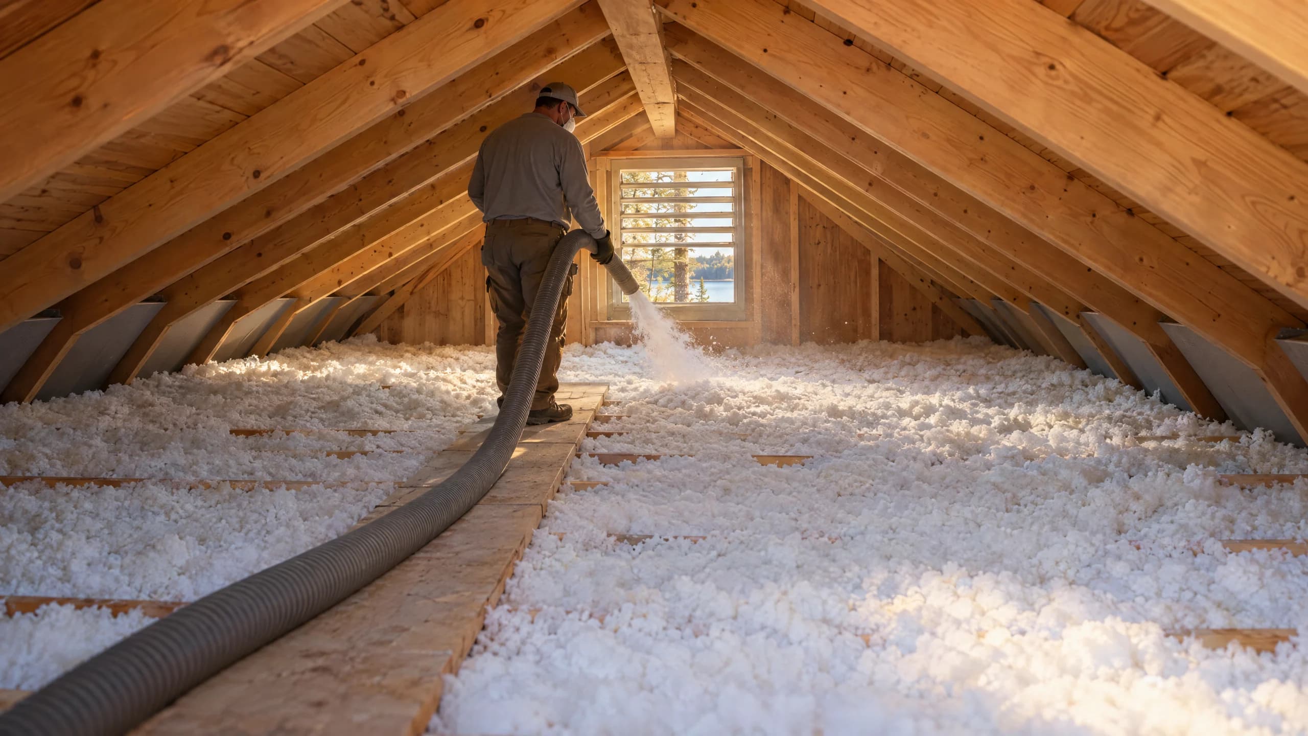 An installer blowing an even layer of white loose-fill insulation across a lake cabin attic, with vent baffles keeping the eaves open