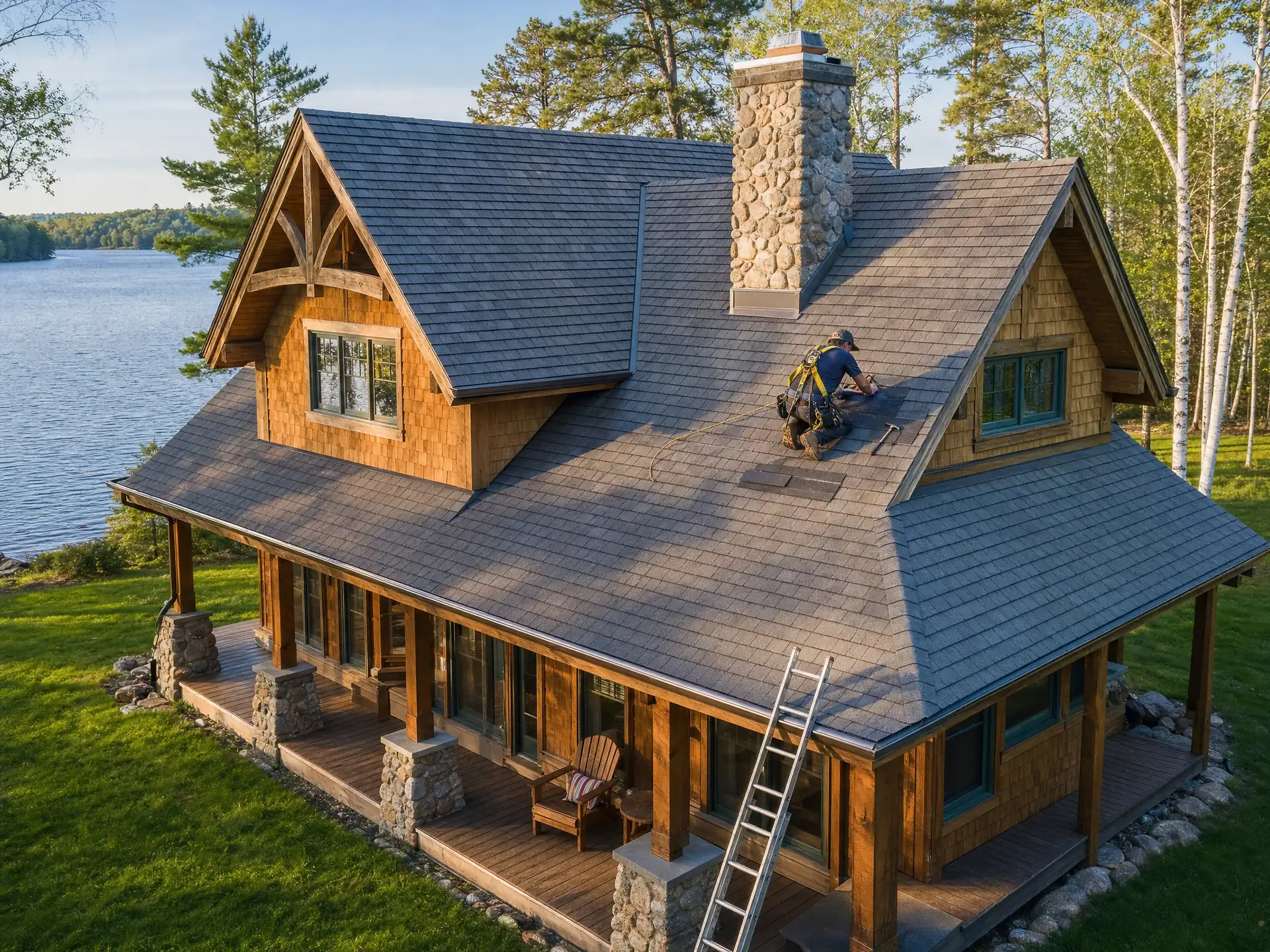 Roofer in a safety harness repairing shingles on a two-story lake cabin with a stone chimney, a ladder on the porch side, and a lake and birch trees in the background