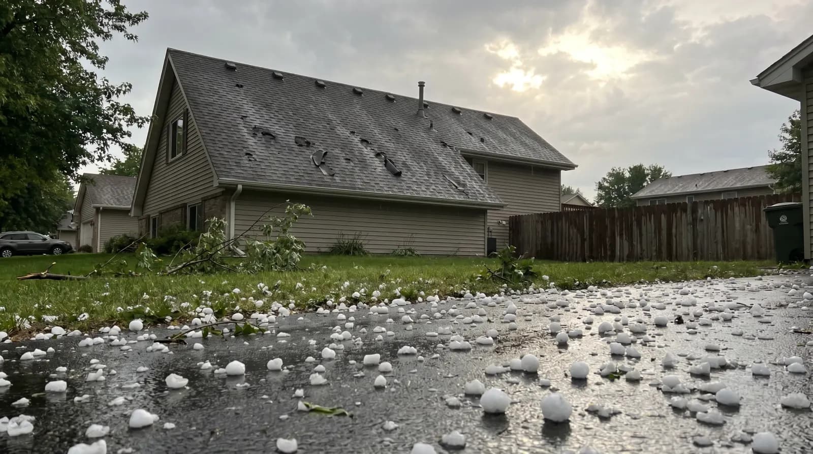 Marble-to-golf-ball-sized hailstones melting on a Brainerd Lakes lawn after a spring storm, residential asphalt shingle roof showing impact damage visible above