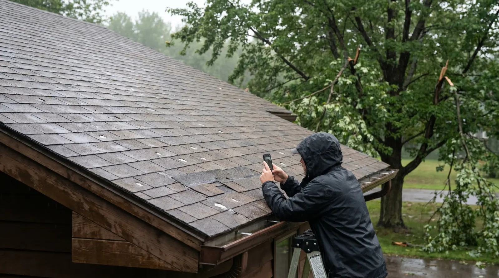 Minnesota homeowner photographing hail-dented asphalt shingles from a stepladder at the eave line after a spring storm