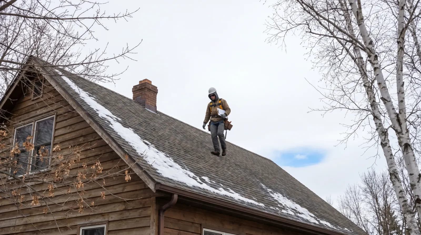 Roofer walking a 9/12 pitch residential asphalt shingle roof in early Minnesota spring, scattered snow on the north slope, bare maples below, clipboard in hand