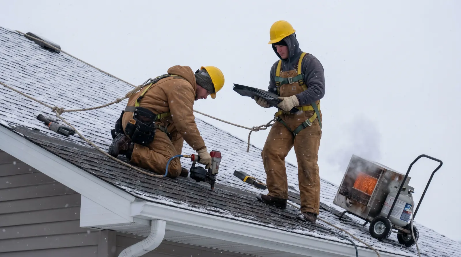 Two Minnesota roofers installing GAF Timberline HDZ shingles on a residential roof in light snowfall, insulated work gear, fall-protection harnesses, propane cart at the roof edge