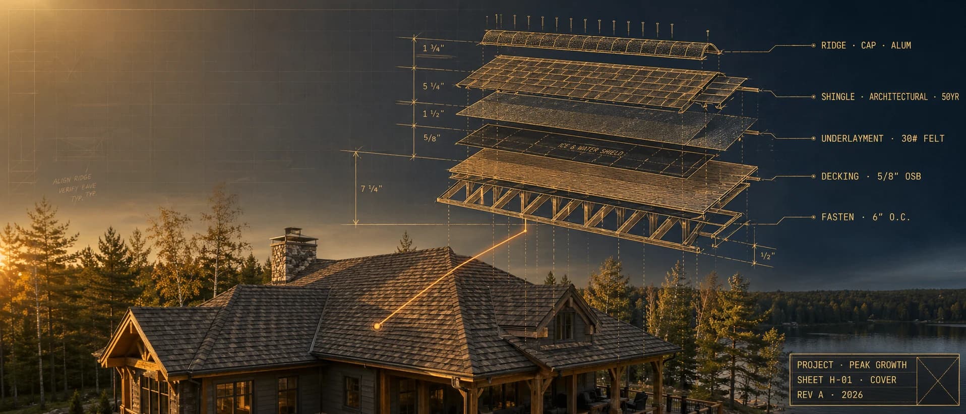 Aerial view of a timber-frame Minnesota home with a layered roof system diagram showing ridge cap, architectural shingles, underlayment, decking, and fastening specs — Silver Loon Roofing