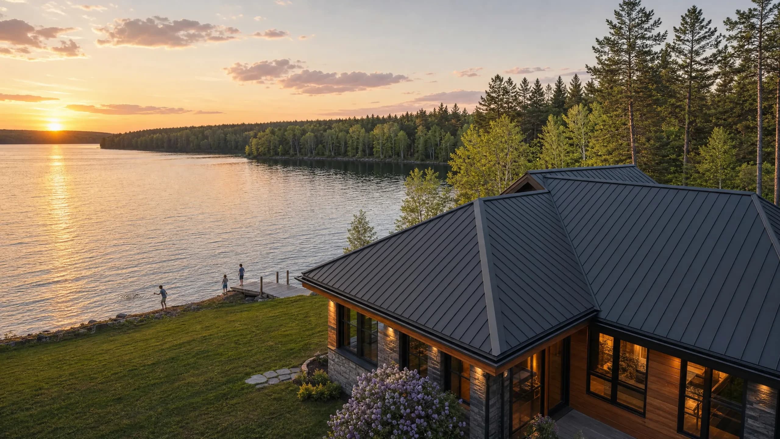 Standing seam metal roof on a lake cabin at sunset, kids playing at the shoreline below