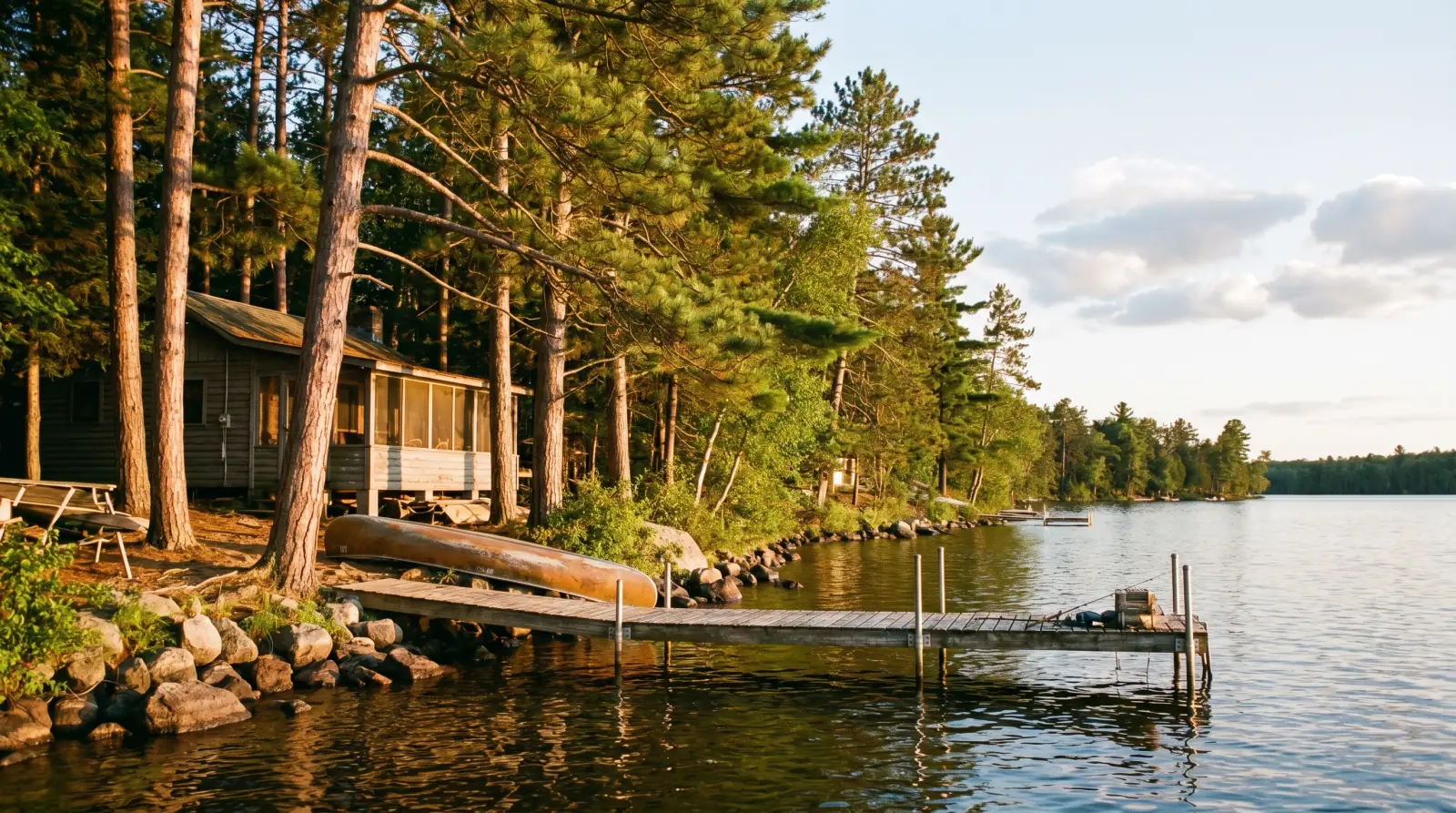 Nisswa Gull Lake cabin with new matte dark bronze standing seam metal roof, deep timber overhangs, granite shoreline through white pines, blue-hour evening