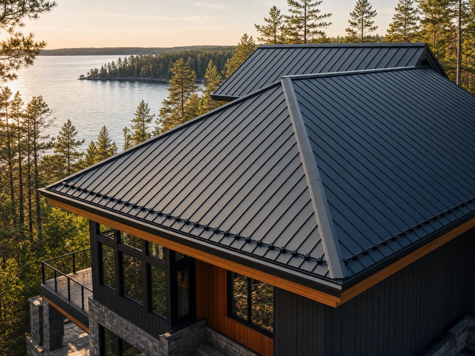 Lake cabin with a matte-black standing seam metal roof overlooking a northern Minnesota lake at sunset