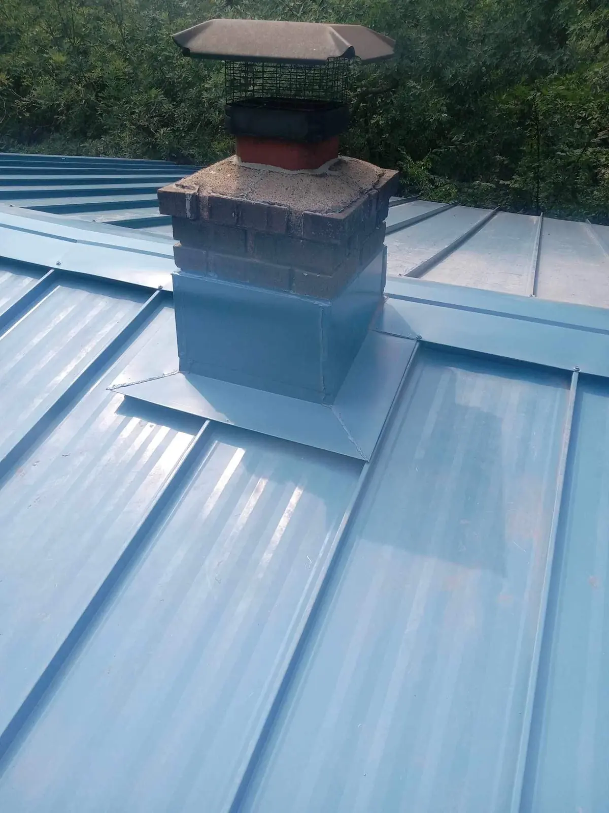 Standing seam metal roof eave and corner detail near a tree line