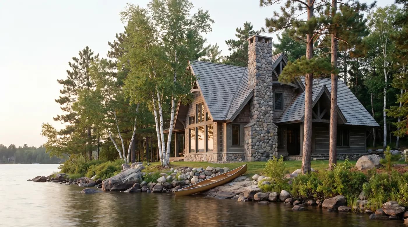 Lake retreat with new hand-split cedar shake roof weathering to silver-grey, steep gables, stone chimney, birch and red pine, soft evening light