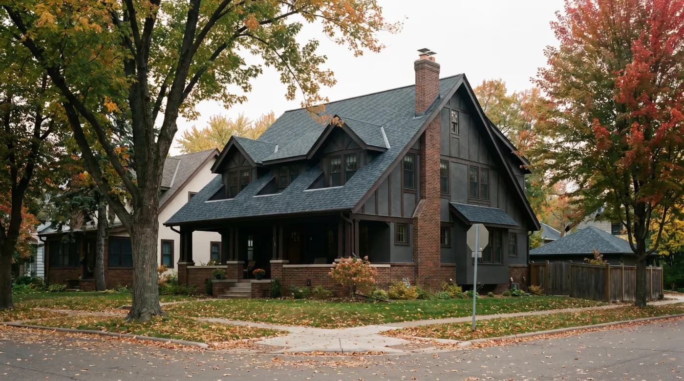 Two-story tudor-bungalow home with new GAF Timberline HDZ architectural shingles in charcoal, dormers, mature maples, overcast October light