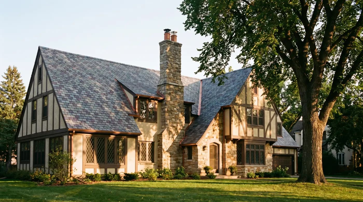Historic tudor home with newly restored natural slate roof, mottled grey-purple slates, copper flashing and valleys, stone chimney