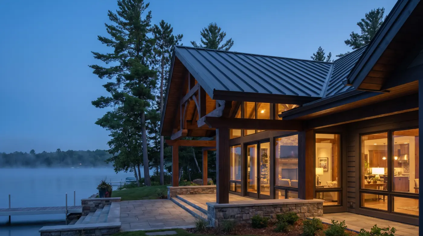 Lake home with new standing seam metal roof in matte charcoal, deep overhangs, exposed timber accents, white pines, late-summer blue hour