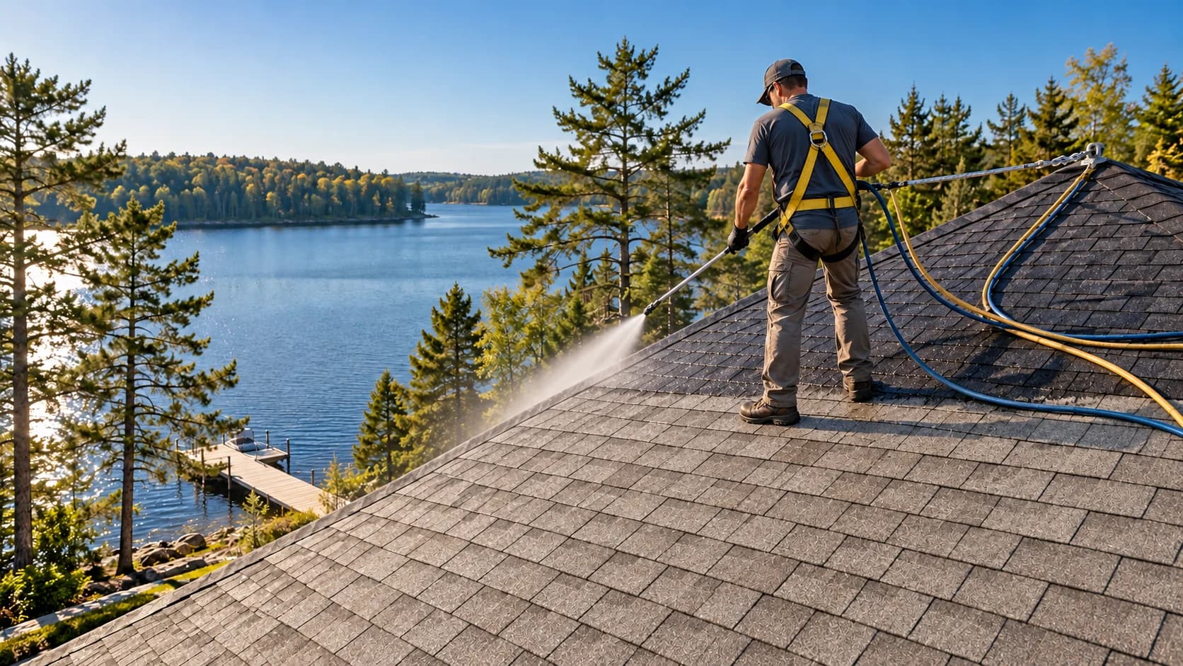 A roofer in a safety harness, roped to the ridge, spraying shingle rejuvenation onto a lake home roof above a dock and a pine-lined lake