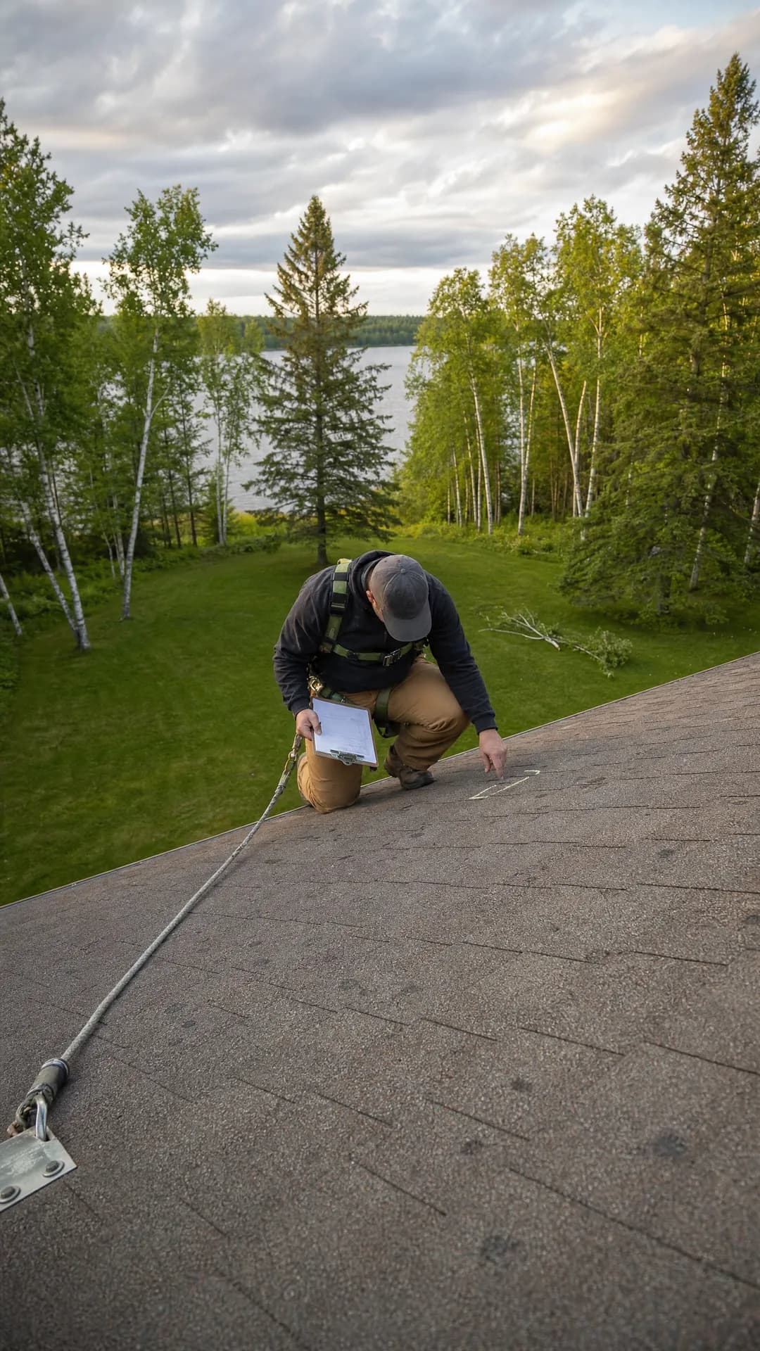 Roofer inspecting hail-damaged asphalt shingles on a suburban Minnesota home after a spring storm, clipboard in hand, grey post-storm sky