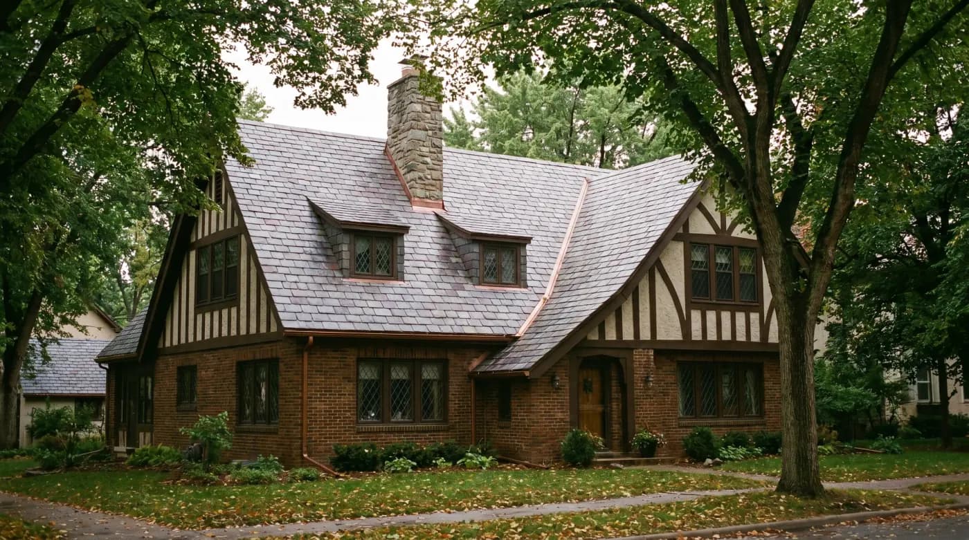 Historic Aitkin home with restored natural slate roof, grey-purple random-width courses, copper flashing, stone chimney, September afternoon