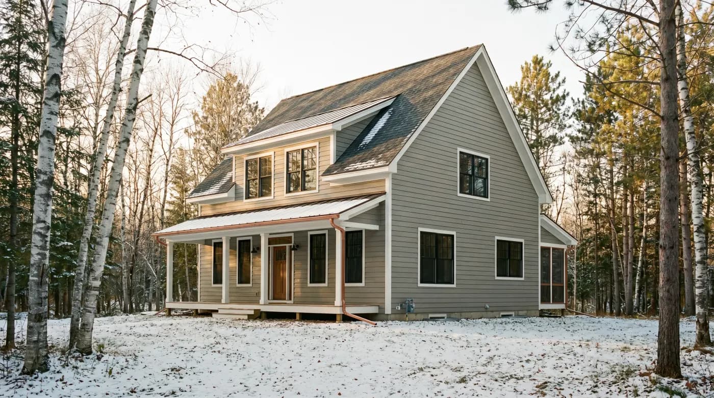 Two-story Baxter farmhouse with new GAF Timberline HDZ shingles in weathered-wood charcoal, 10/12 pitch, late-afternoon winter light