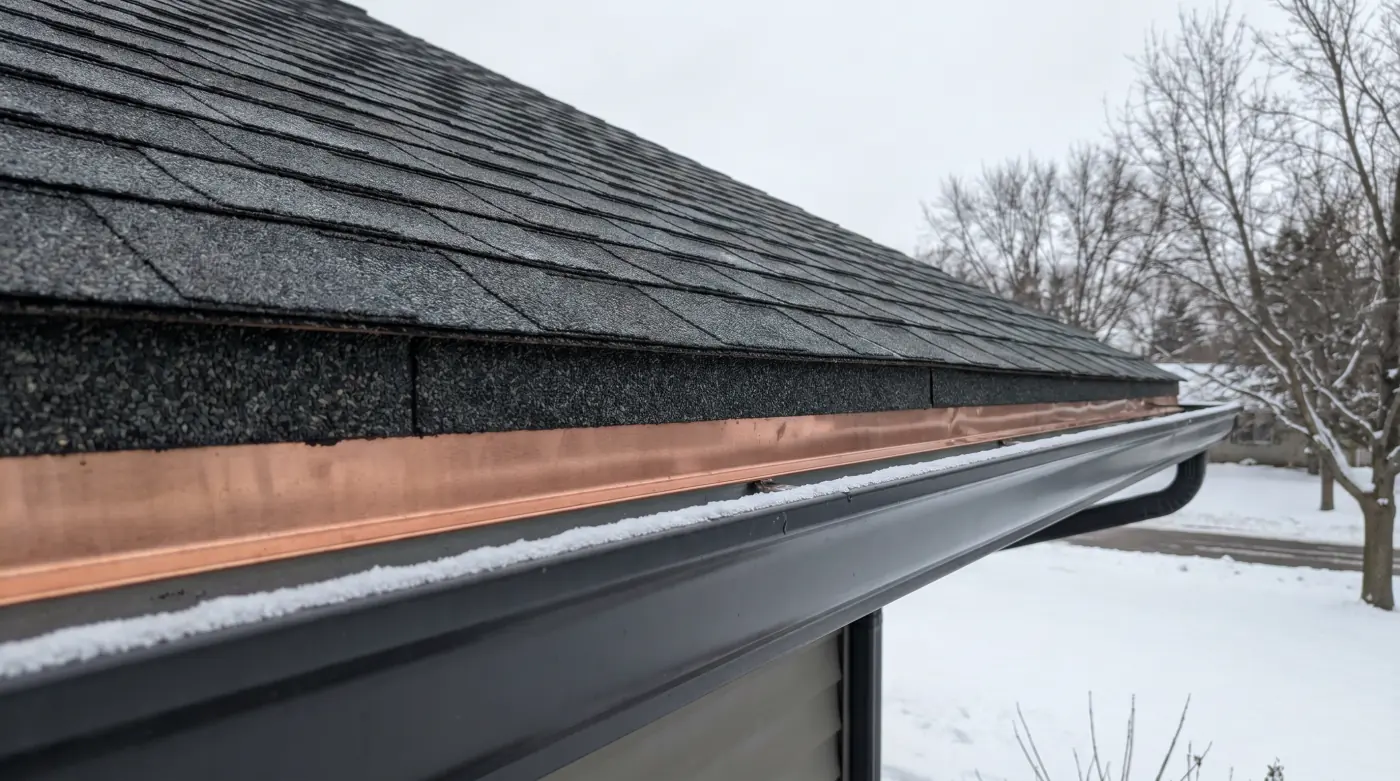 Emily lake cabin eave after ice dam remediation — gutters clear, fresh ice-and-water shield visible, clean copper drip edge, January overcast light