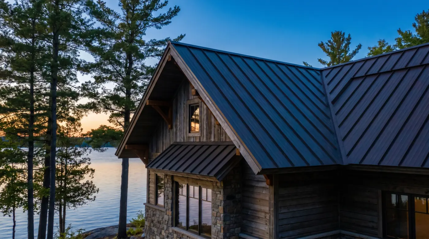 Nisswa Gull Lake cabin with new matte dark bronze standing seam metal roof, deep timber overhangs, granite shoreline through white pines, blue-hour evening