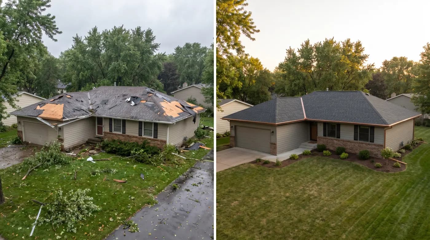 Ironton home split-screen before and after storm remediation — torn shingles and exposed decking on left, new GAF Timberline HDZ charcoal on right