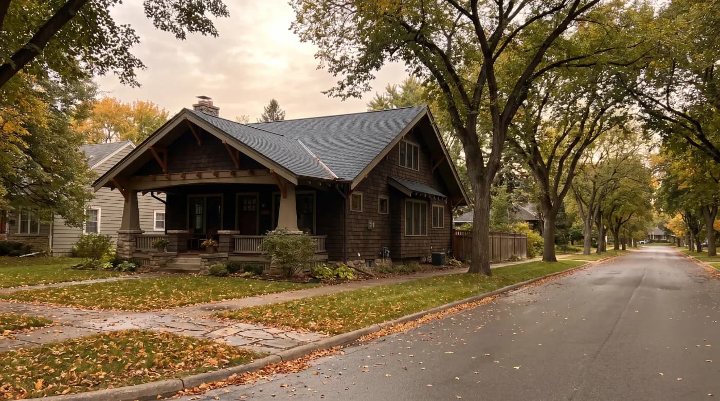 Pequot Lakes craftsman bungalow near the bobber water tower with new GAF Timberline HDZ in slate grey, 9/12 gable, exposed rafter tails, September light