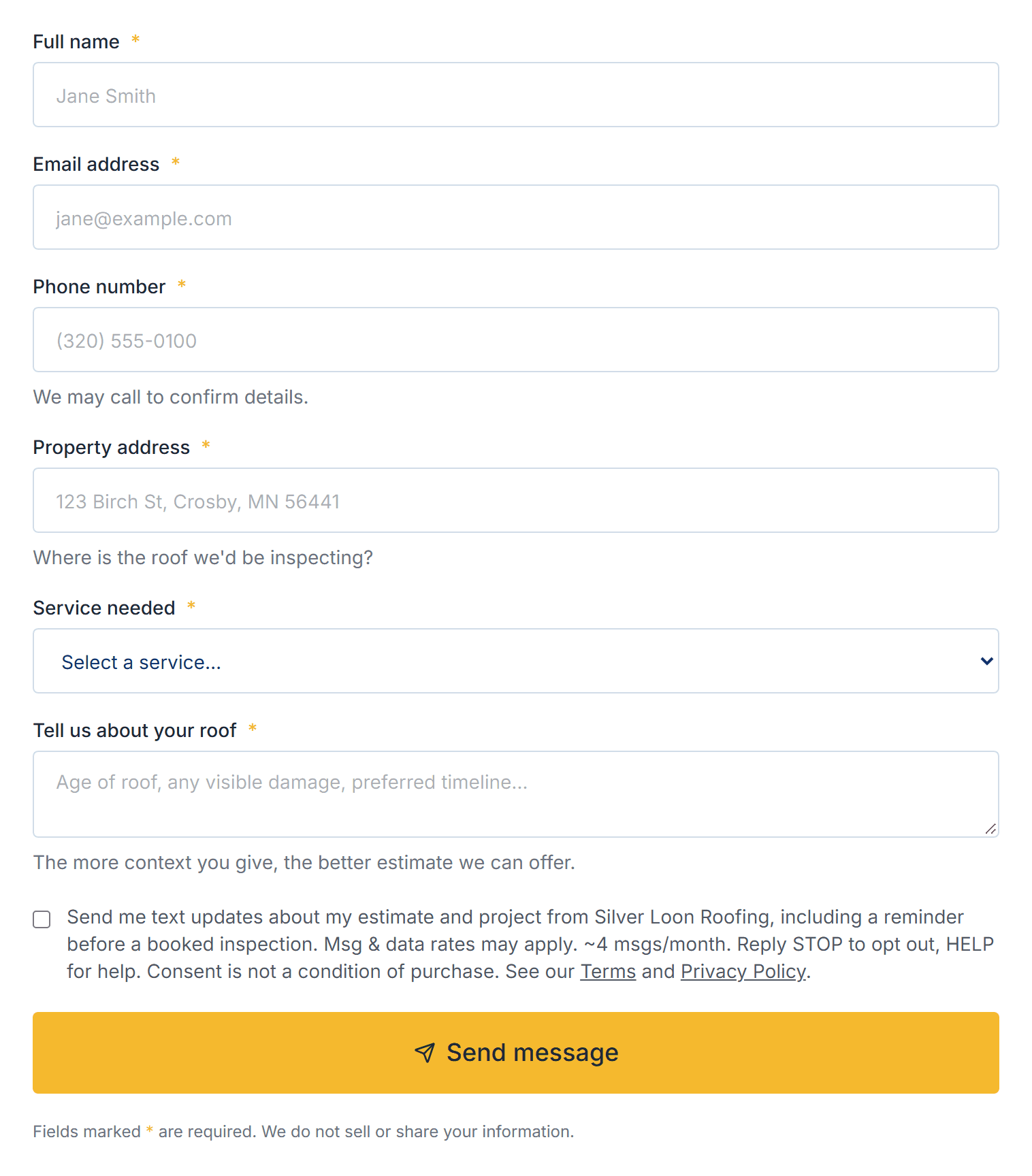 The contact form, with the unchecked text-updates box above the Send message button