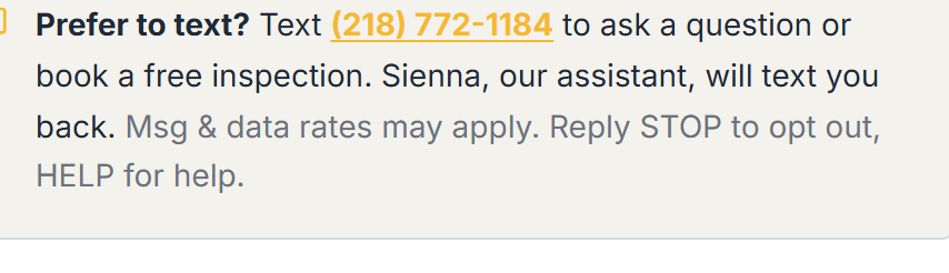 The Prefer to text? note on the contact page, with the number (218) 772-1184 and the opt-out wording