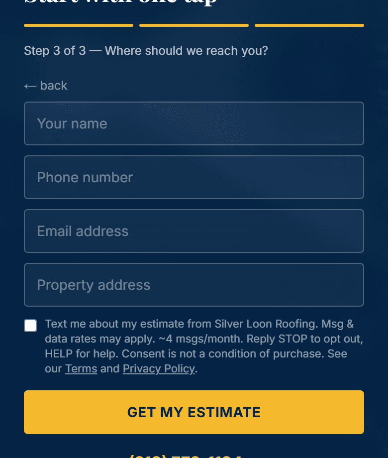 The home page estimate card, step 3, with the unchecked text box above the Get my estimate button